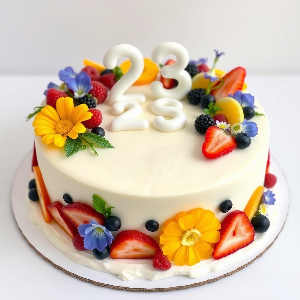 23 birthday cake with fresh fruit and flower decorations