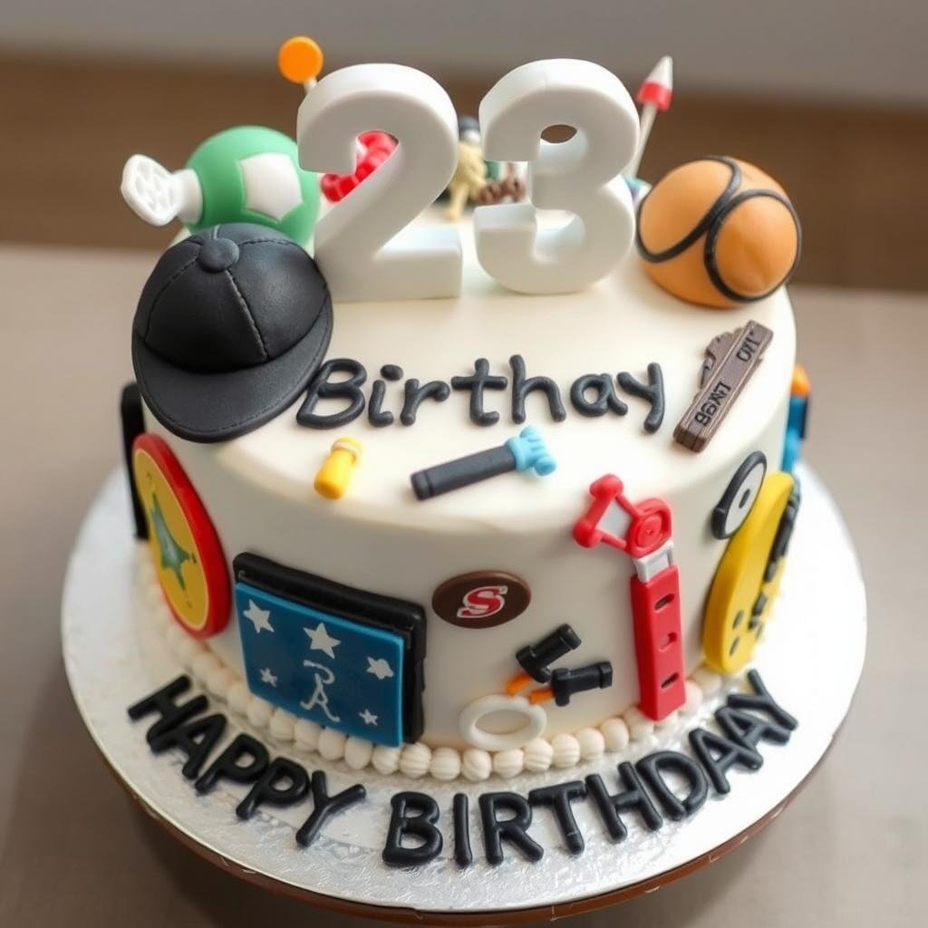23 birthday cake with hobby or interest-themed decorations