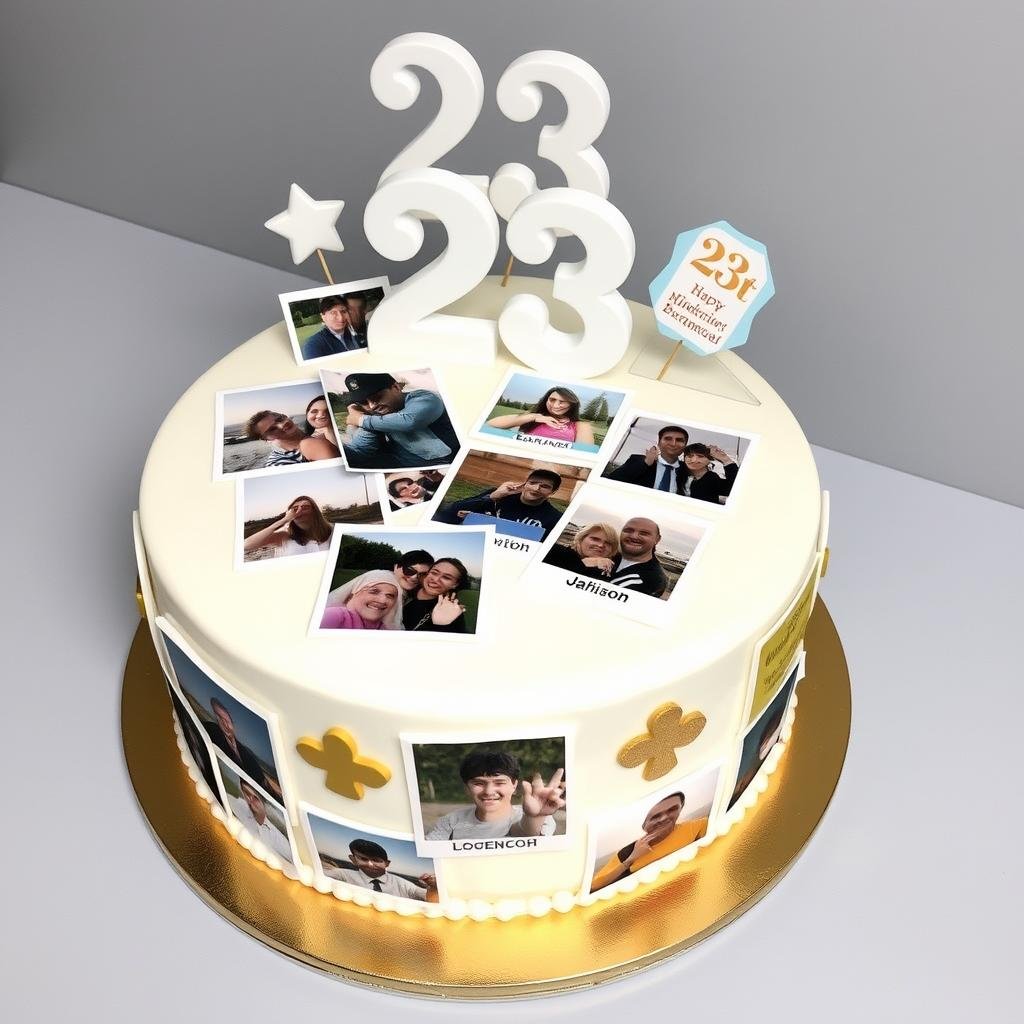 23 birthday cake with photo elements and memory-themed decorations