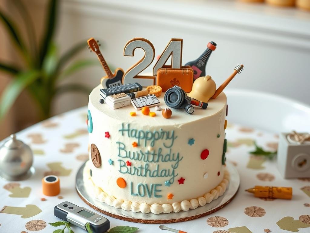 24th birthday cake decorated with elements representing hobbies