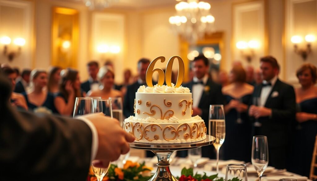 60th birthday cake being served at an elegant celebration
