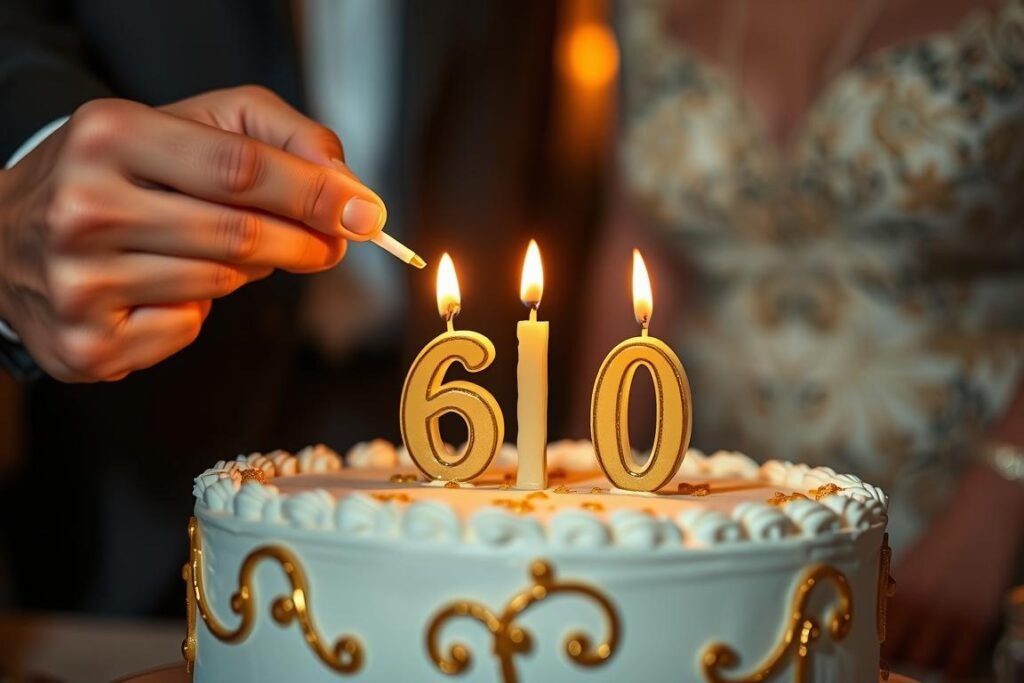 60th birthday cake with candles being lit before presentation