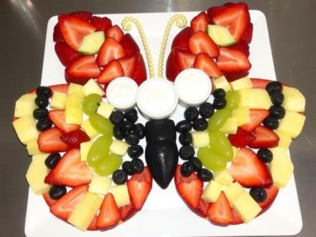 A butterfly-shaped fruit platter with colorful fruits arranged in a pattern for a Fancy Nancy party
