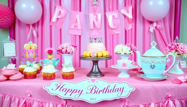 A fancy Nancy themed birthday party table setup with pink decorations, tiaras, and elegant treats
