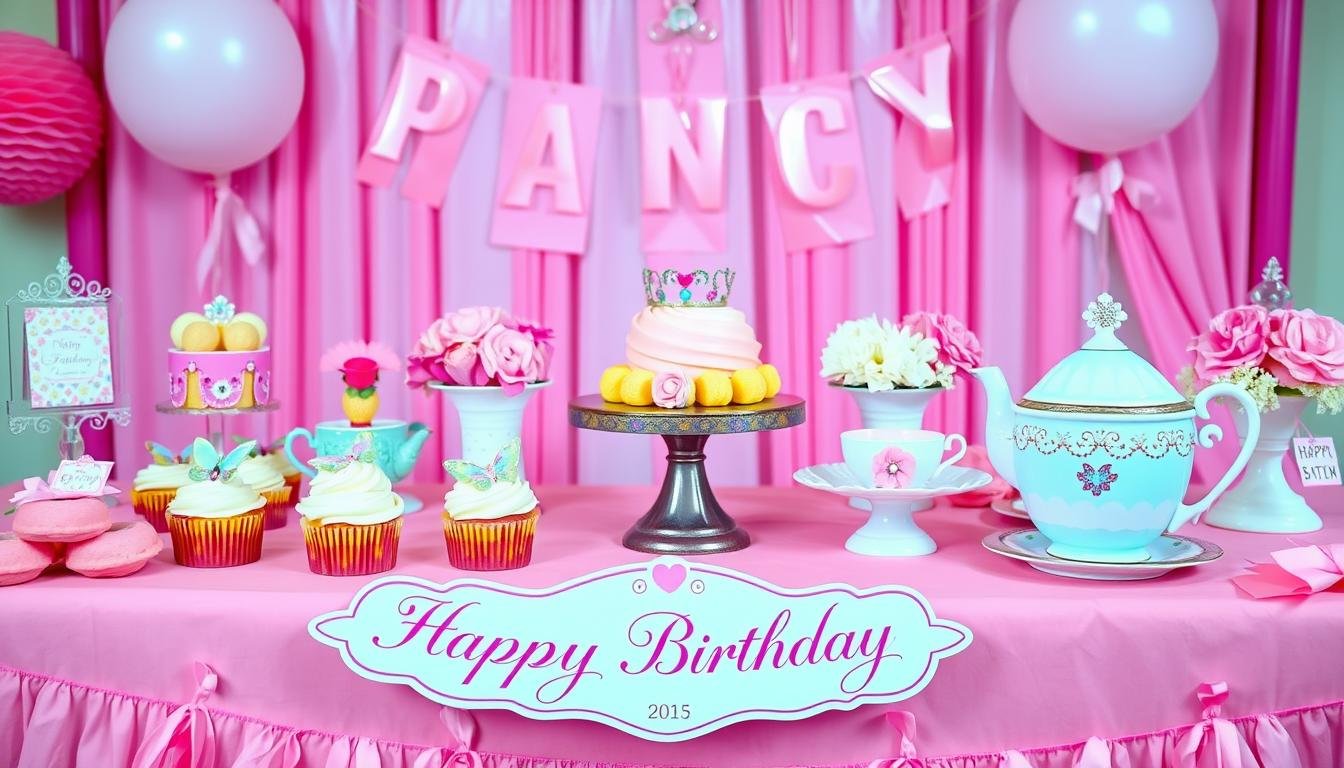 A fancy Nancy themed birthday party table setup with pink decorations, tiaras, and elegant treats
