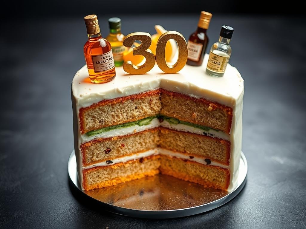 Alcohol-infused 30th birthday cake with cocktail theme