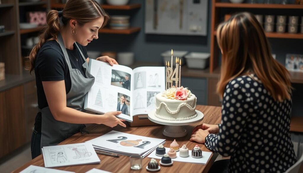 Baker discussing custom 24th birthday cake design with client