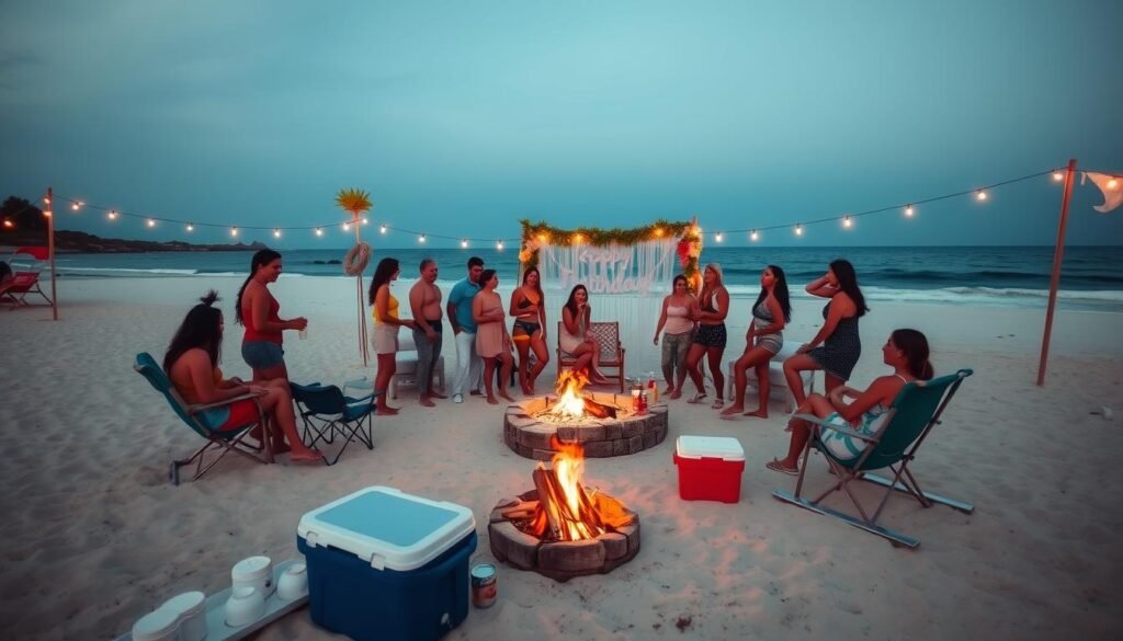 Beach party for 18th birthday with beach games, bonfire, and tropical decorations