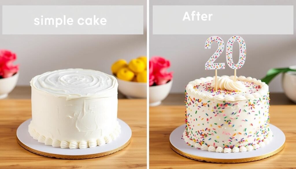 Before and after of a simple cake transformed with easy decorating techniques for a 20th birthday