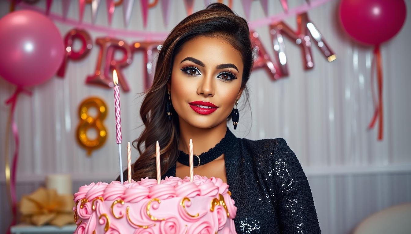 Birthday cake baddie aesthetic featuring a glamorous woman posing with a decorated birthday cake