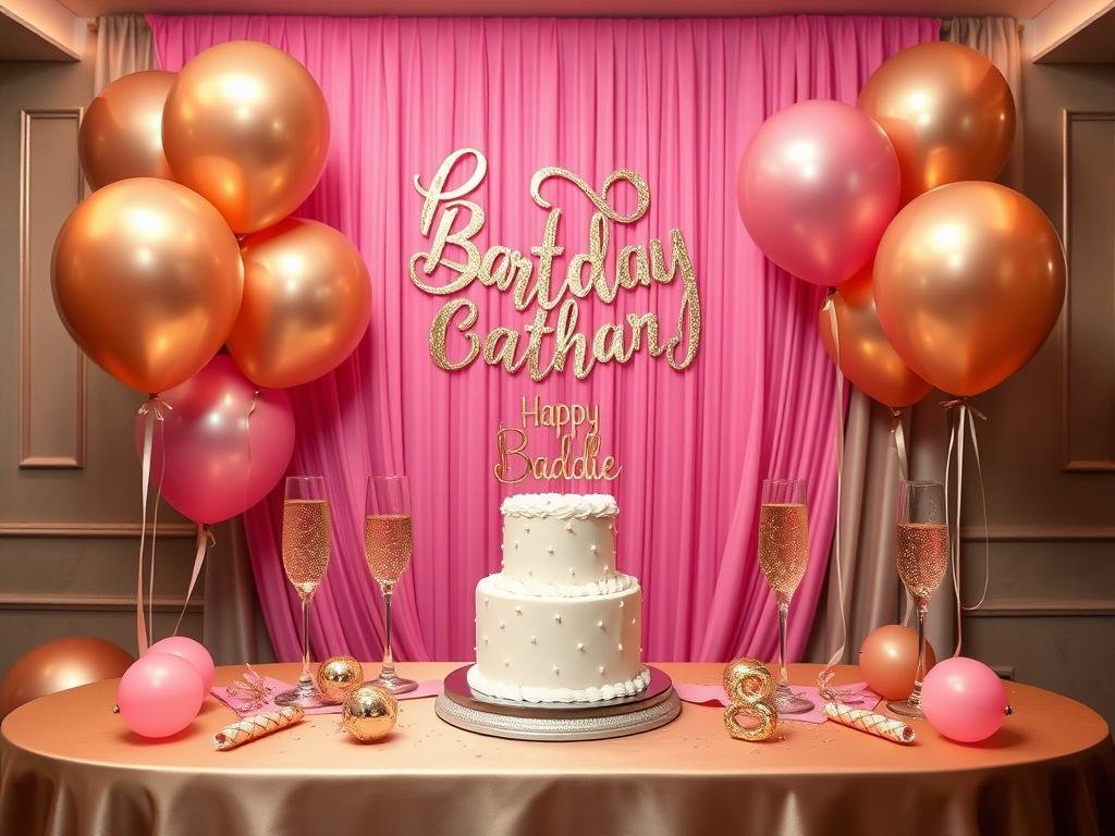 Birthday cake baddie celebration setup with pink and gold decorations