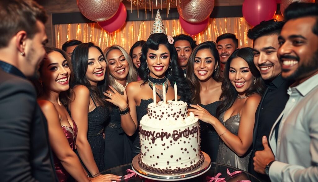 Birthday cake baddie celebration with friends enjoying a glamorous party