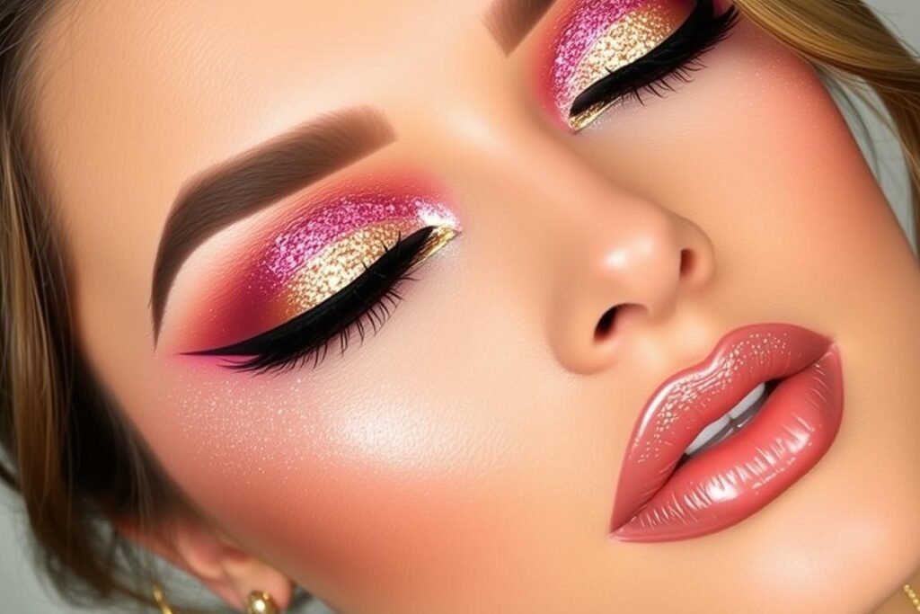 Birthday cake baddie makeup look with glitter and bold colors