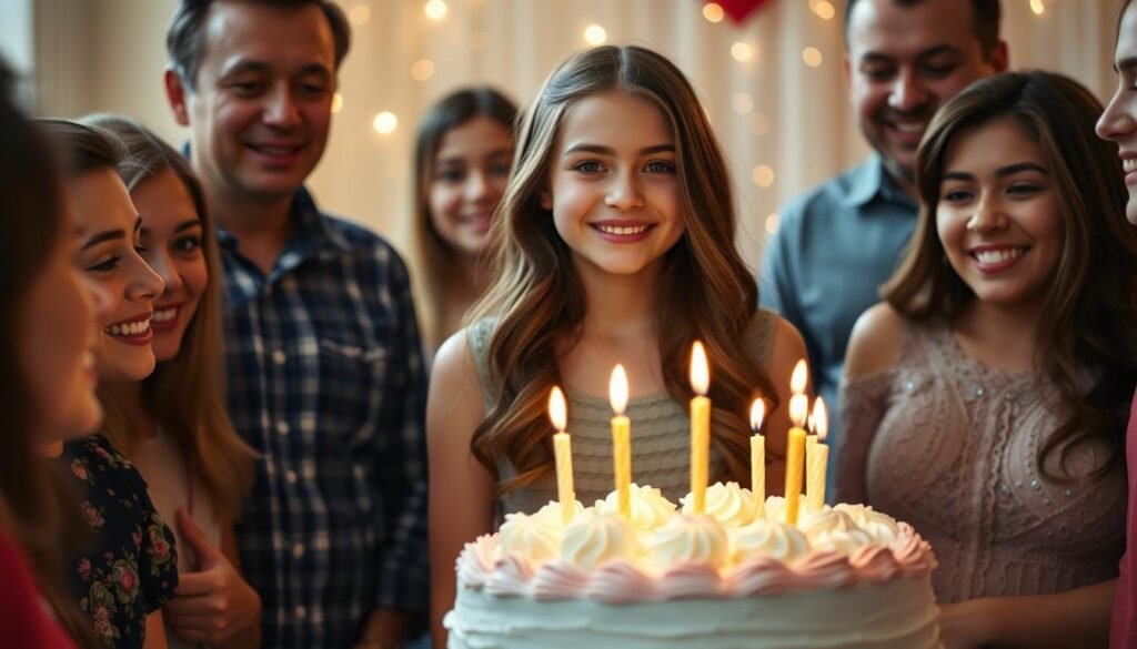 Birthday teen smiling with her beautiful sweet 16 cake at celebration