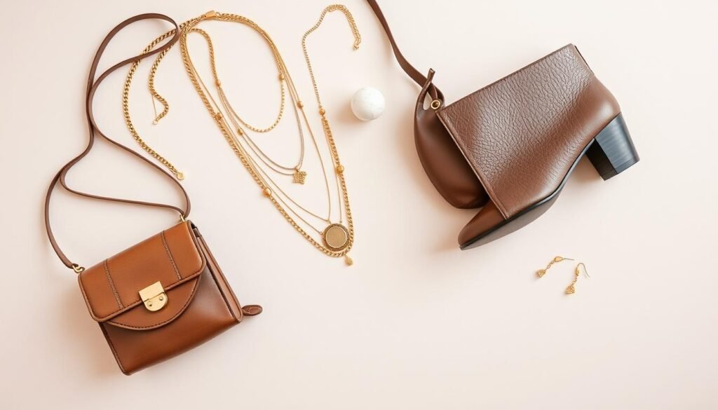 Casual chic birthday outfit accessories including layered necklaces and ankle boots