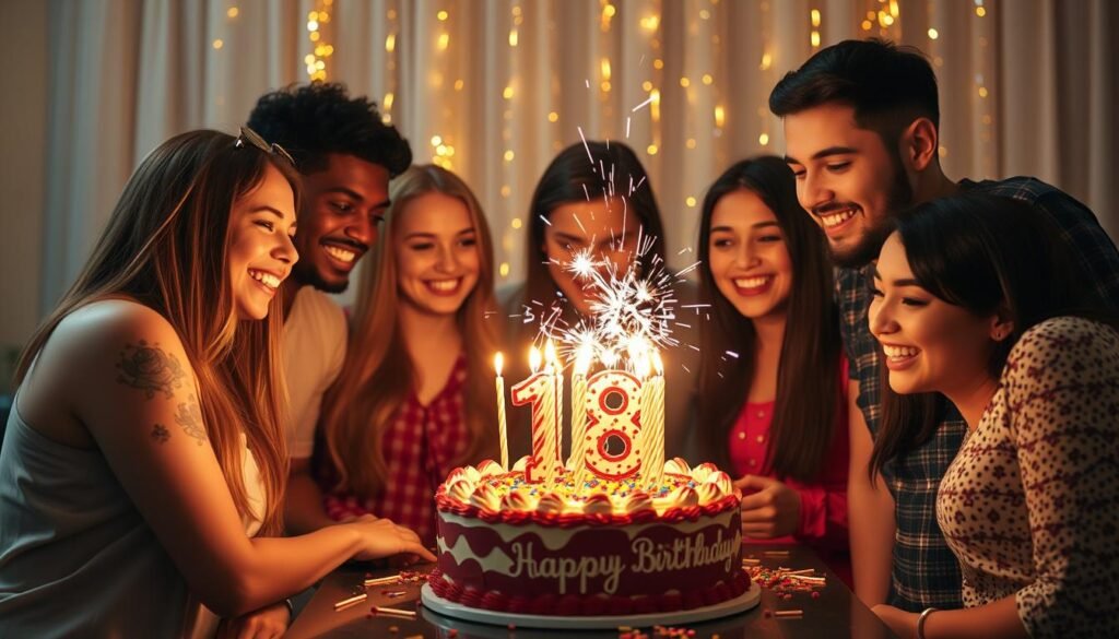 Celebration with friends around an 18th birthday cake