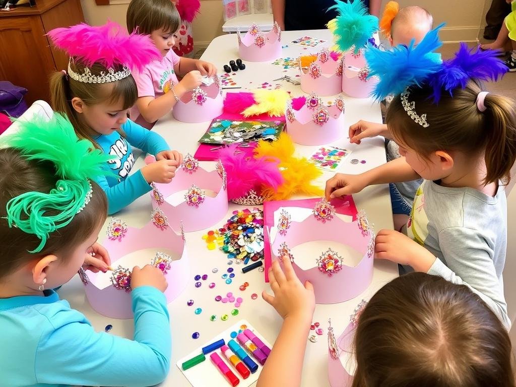 Children decorating tiaras with gems and feathers at a Fancy Nancy birthday party craft station