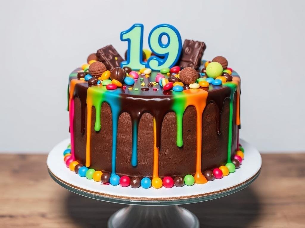 Chocolate drip 19th birthday cake with candy decorations Chocolate drip 19th birthday cake with candy decorations