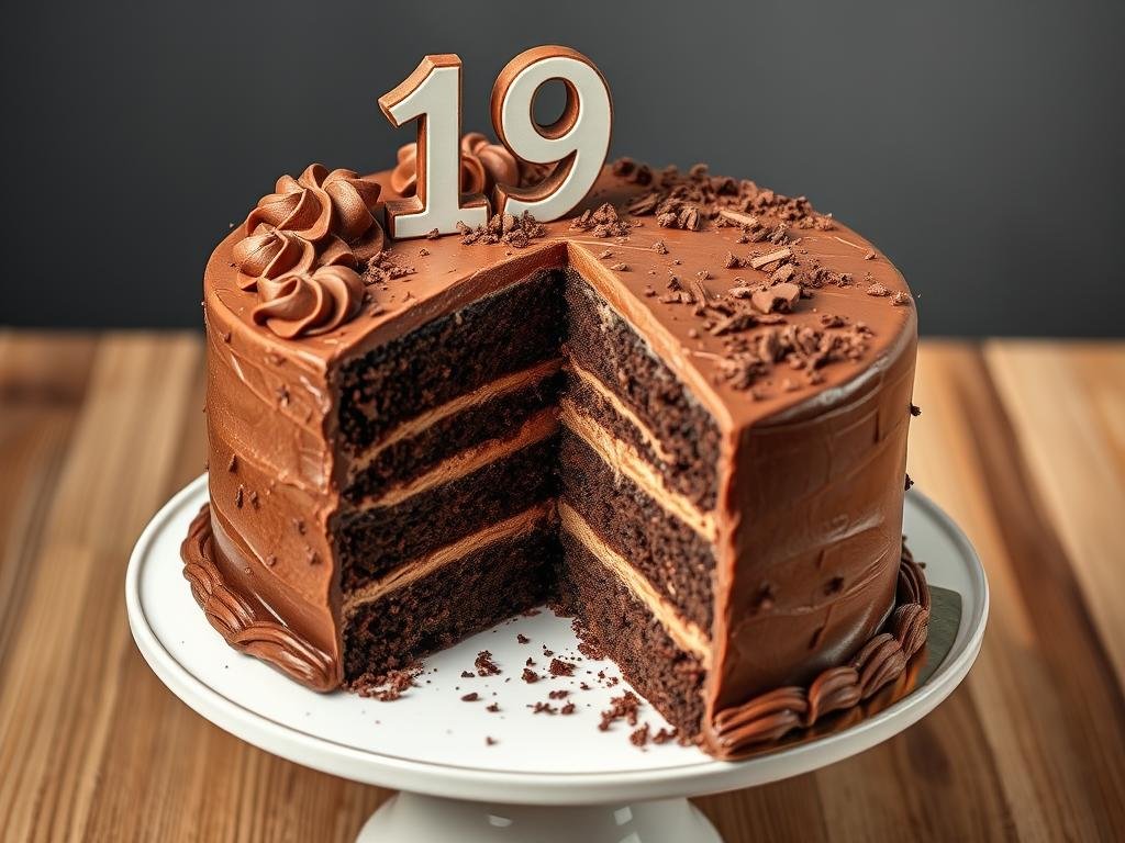 Chocolate fudge 19th birthday cake with layers visible Chocolate fudge 19th birthday cake with layers visible