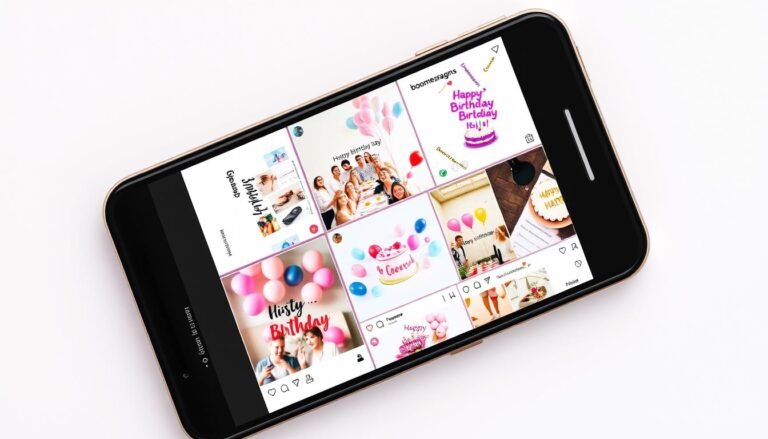 Collection of creative birthday post ideas for Instagram showing photo collages, Boomerangs, and Stories