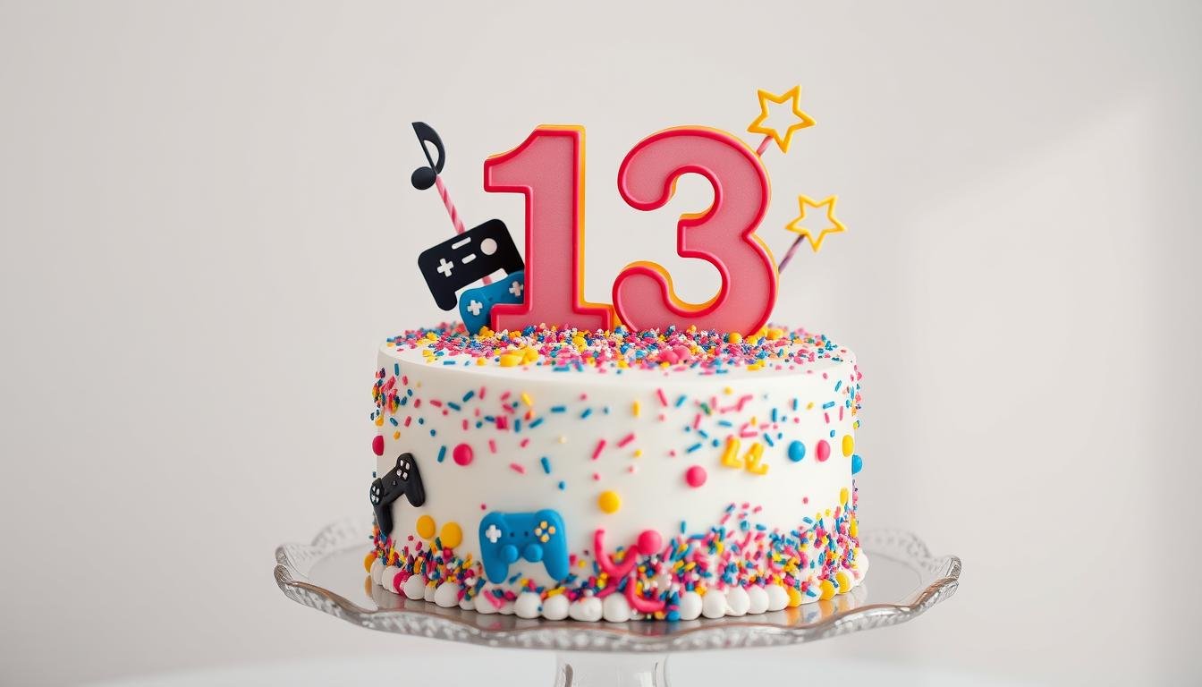Colorful 13th birthday cake with teenage-themed decorations