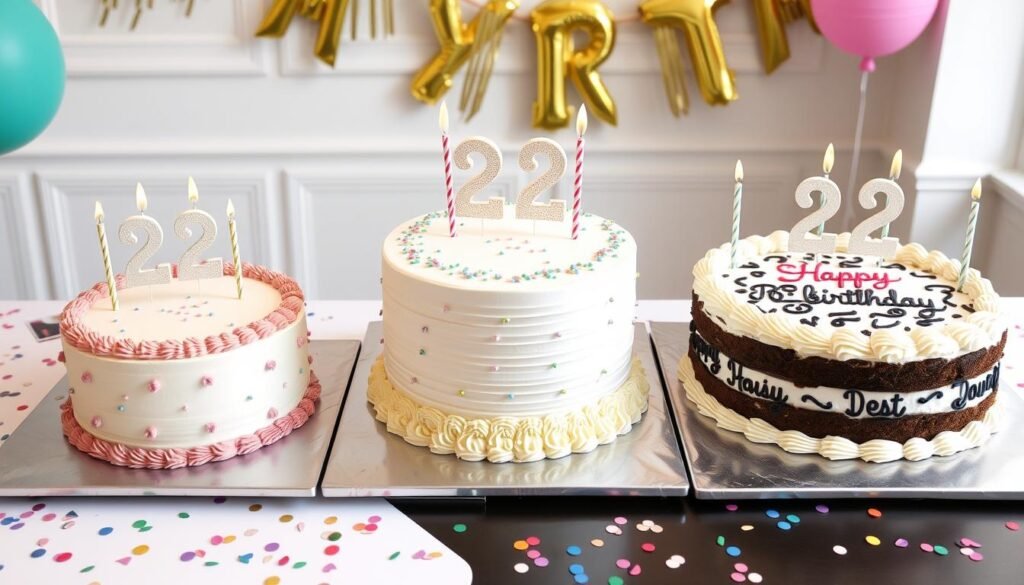 Different sized 22 birthday cakes for various party sizes
