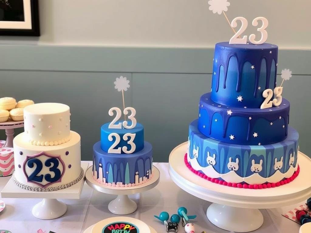 Different sized 23 birthday cakes for various party sizes