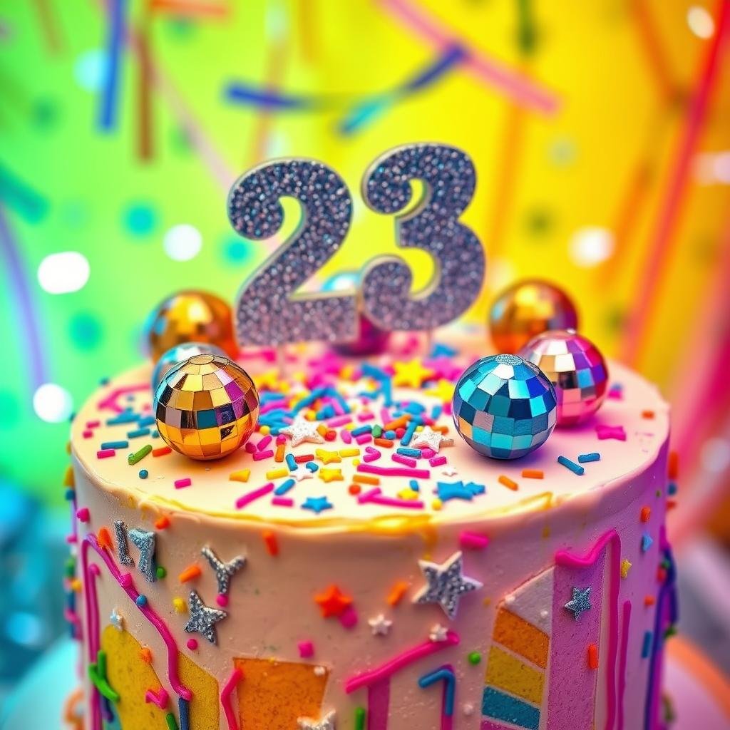 Disco-themed 23 birthday cake with mirror ball decorations and vibrant colors