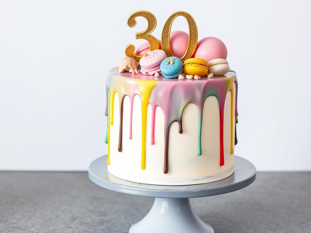 Drip cake with macarons for 30th birthday celebration