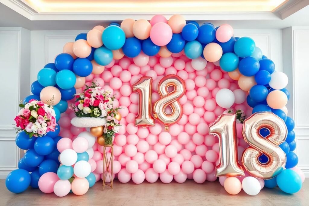 Elaborate balloon arch and arrangements for 18th birthday party