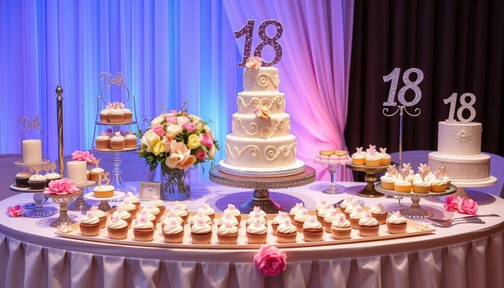 Elaborately decorated 18th birthday cake table with themed elements