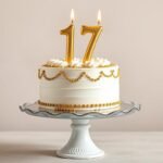 Elegant 17th birthday cake with gold decorations and candles