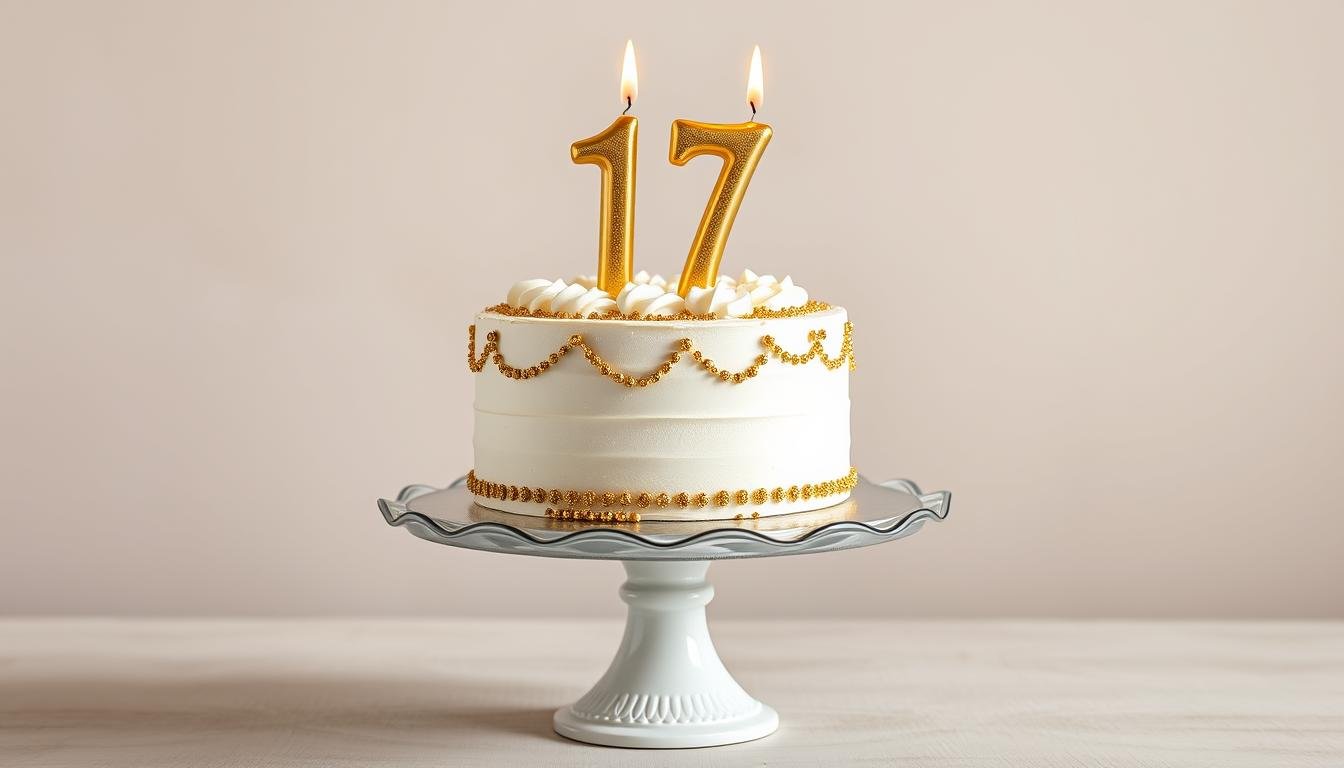 Elegant 17th birthday cake with gold decorations and candles