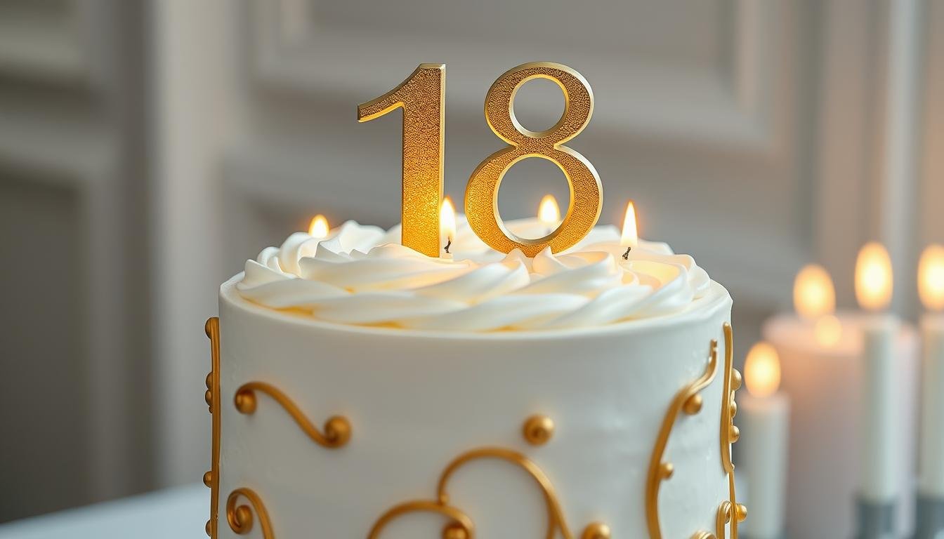 Elegant 18th birthday cake with gold decorations and candles