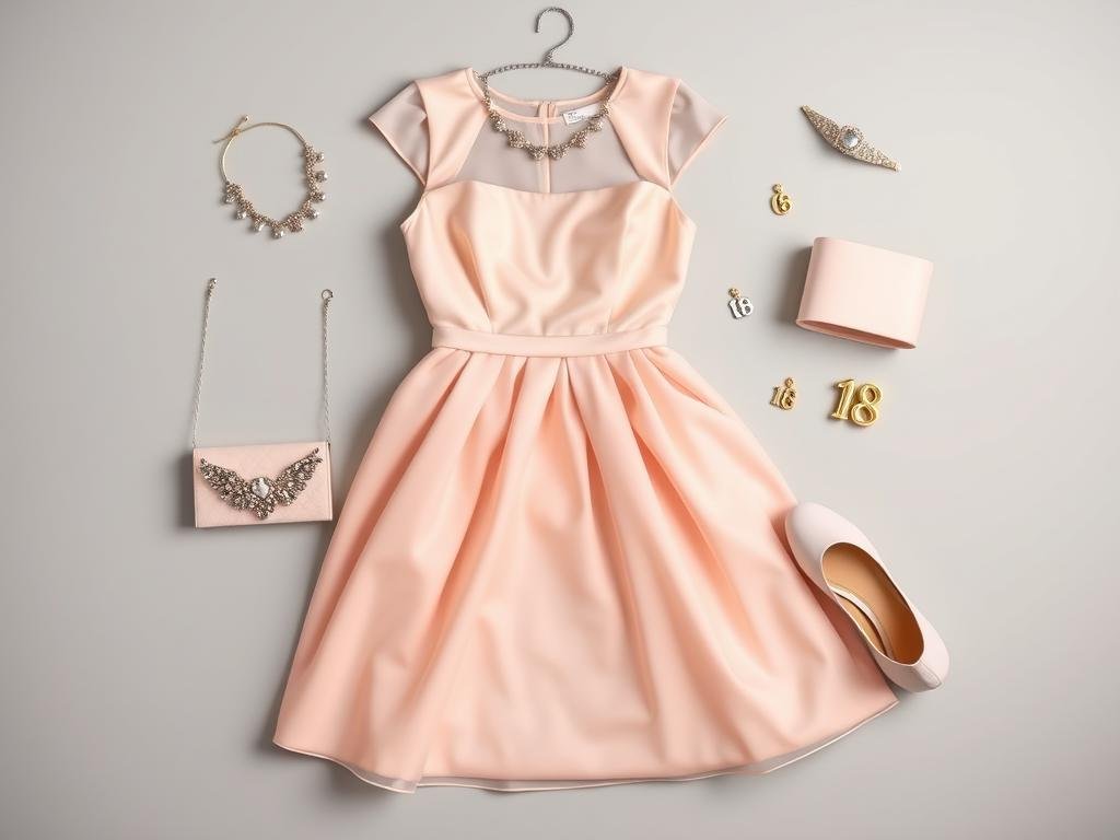 Elegant 18th birthday outfit with accessories laid flat Elegant 18th birthday outfit with accessories laid flat