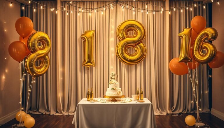 Elegant 18th birthday party decoration with gold balloons and lights