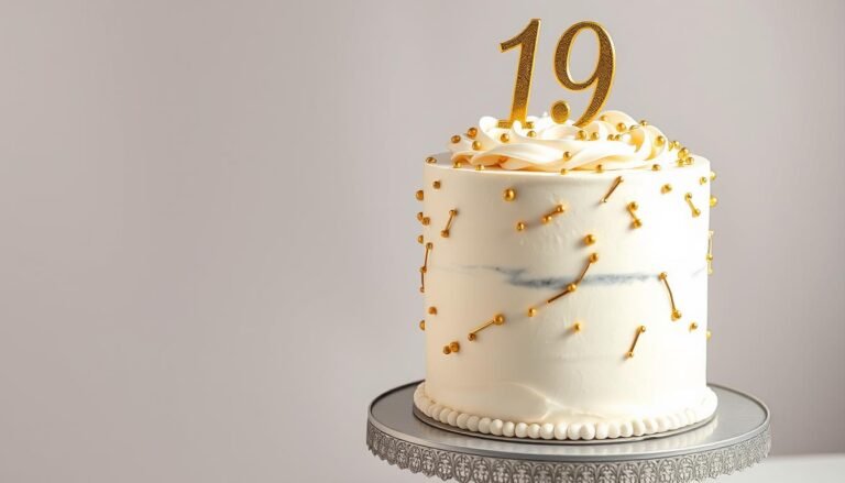 Elegant 19th birthday cake with gold decorations and '19' cake topper