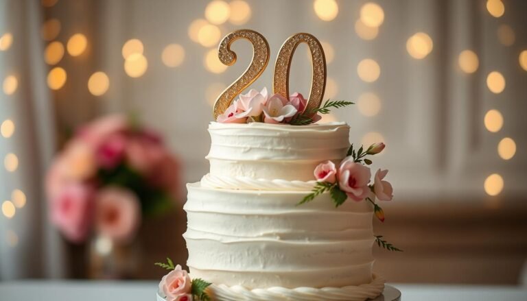 Elegant 20th birthday cake with gold decorations and the number 20 as a cake topper