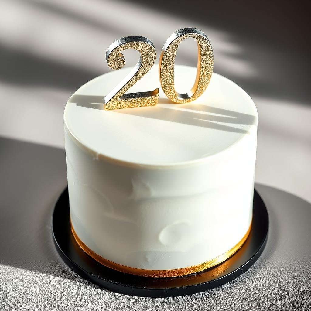 Elegant 20th birthday cake with metallic accents and minimalist design