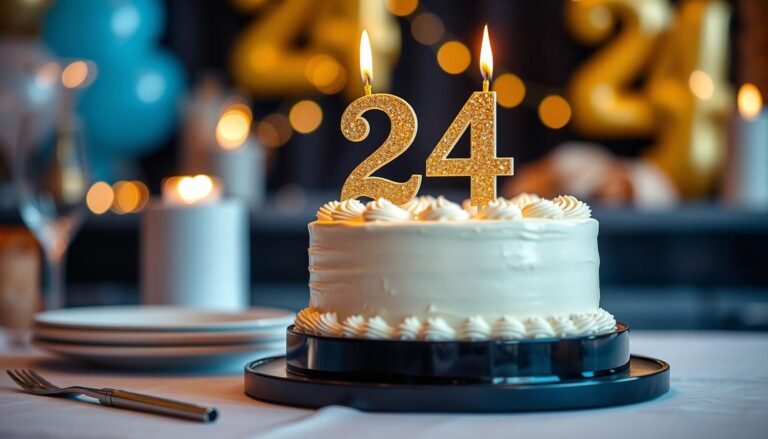 Elegant 24th birthday cake with gold decorations and candles