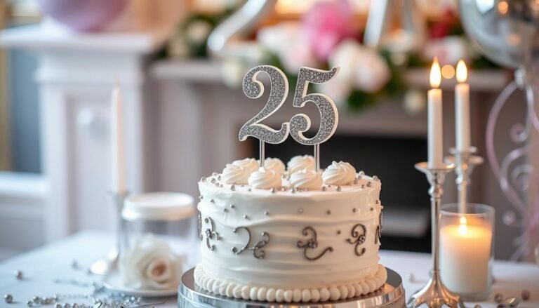Elegant 25th birthday cake with silver decorations and candles