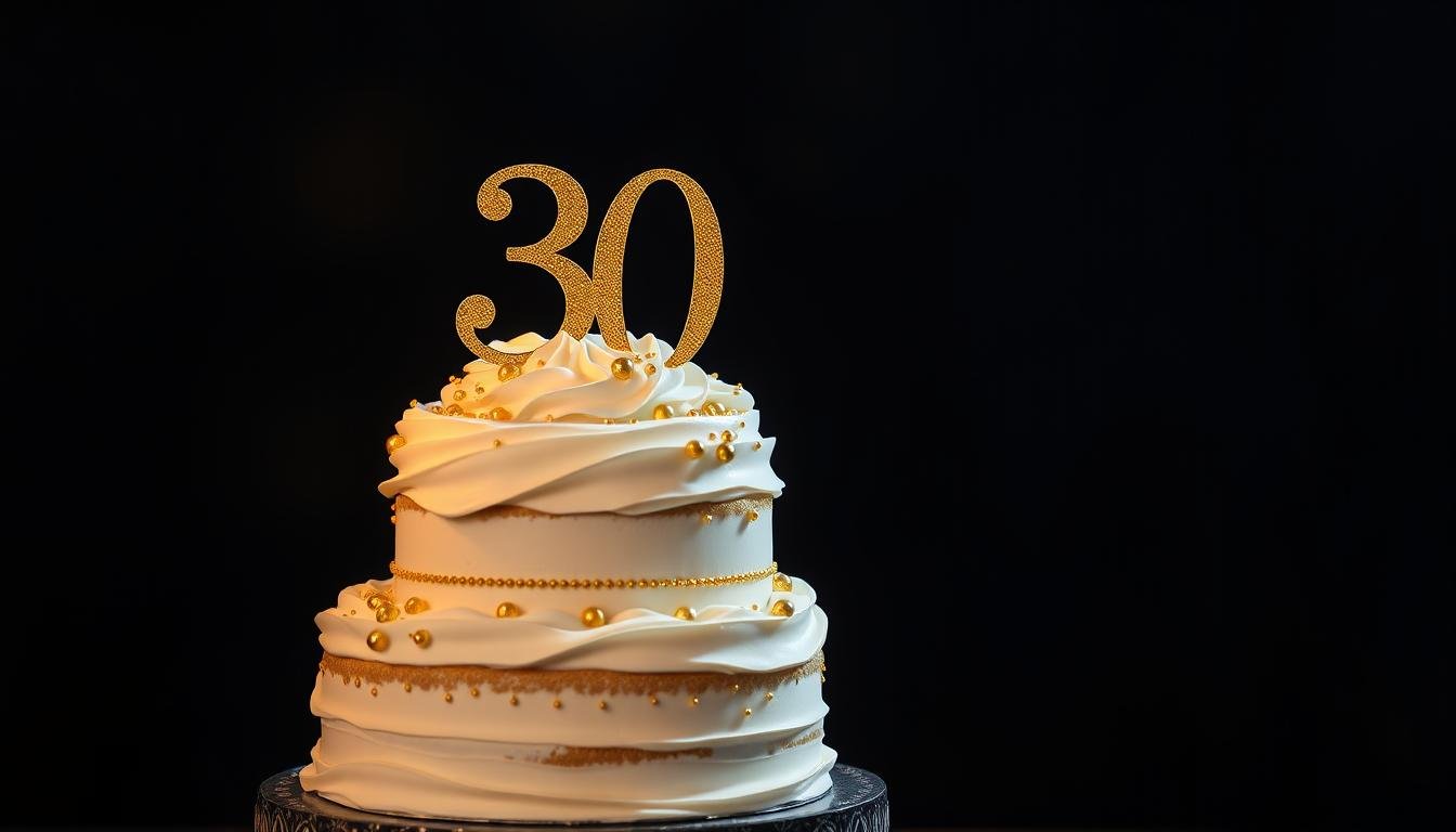 Elegant 30th birthday cake with gold decorations and candles