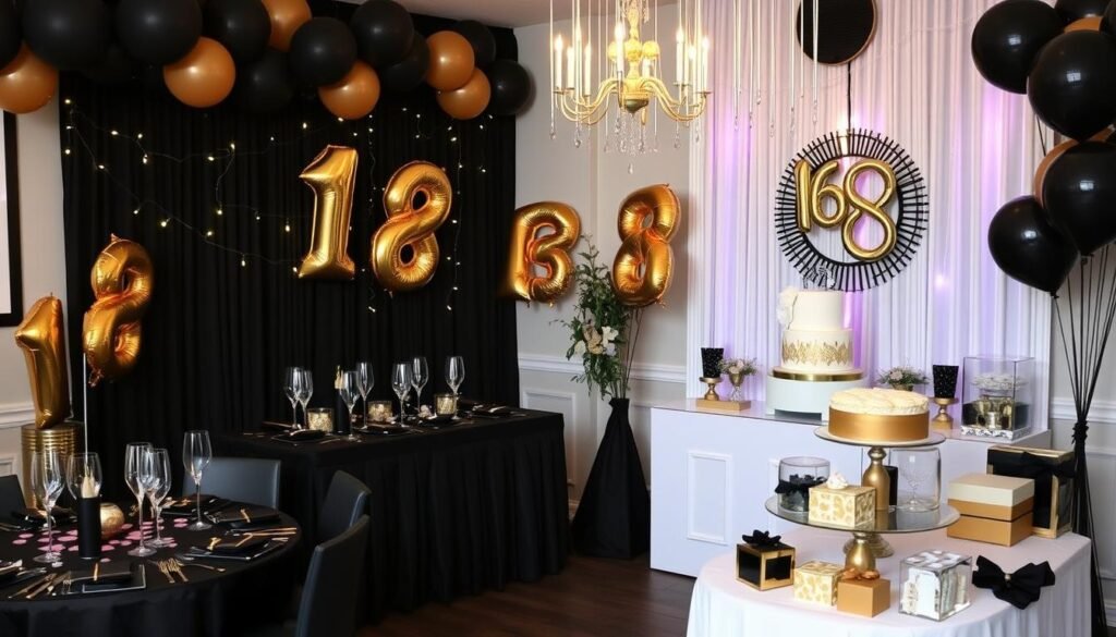 Elegant black and gold themed 18th birthday party decoration Elegant black and gold themed 18th birthday party decoration