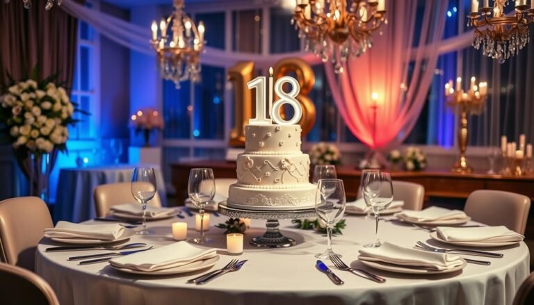 Elegant dinner party setup for 18th birthday with decorative table settings, soft lighting, and elegant decorations