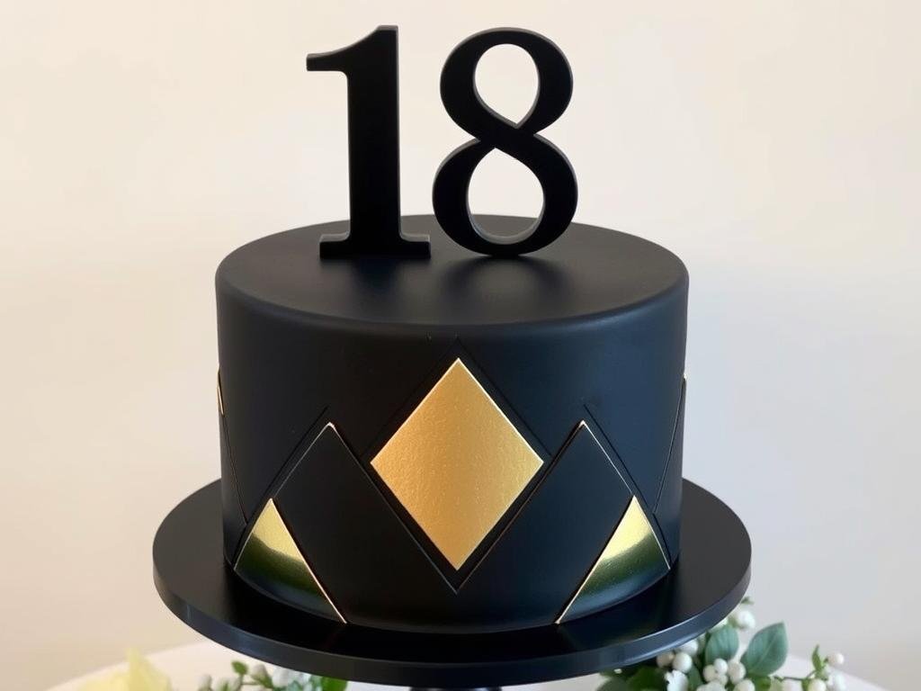 Elegant gold and black 18th birthday cake with modern design