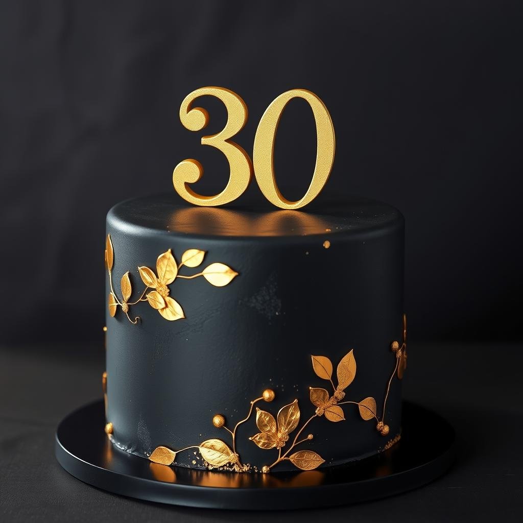 Elegant gold and black 30th birthday cake with metallic accents