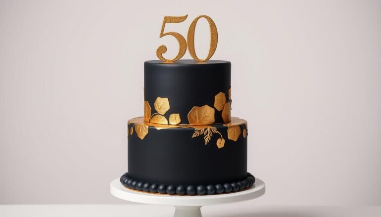 Elegant gold and black 50th birthday cake with gold leaf accents and a sophisticated topper