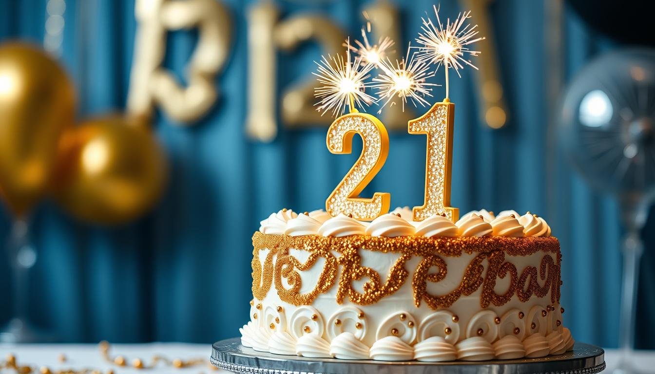 Elegant gold and white 21st birthday cake with sparkler candles