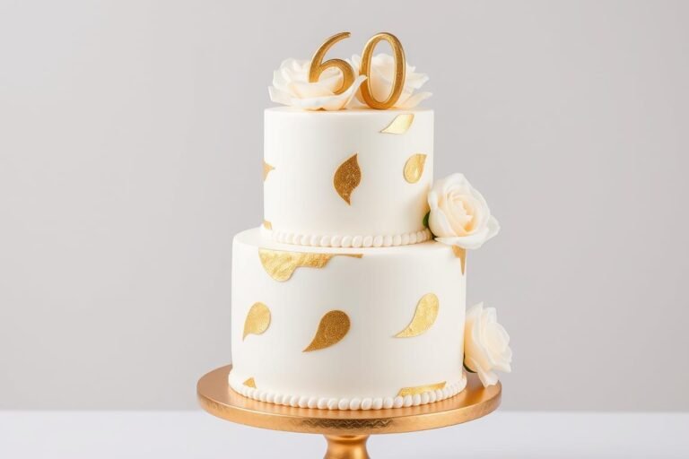 Elegant gold and white 60th birthday cake with floral decorations