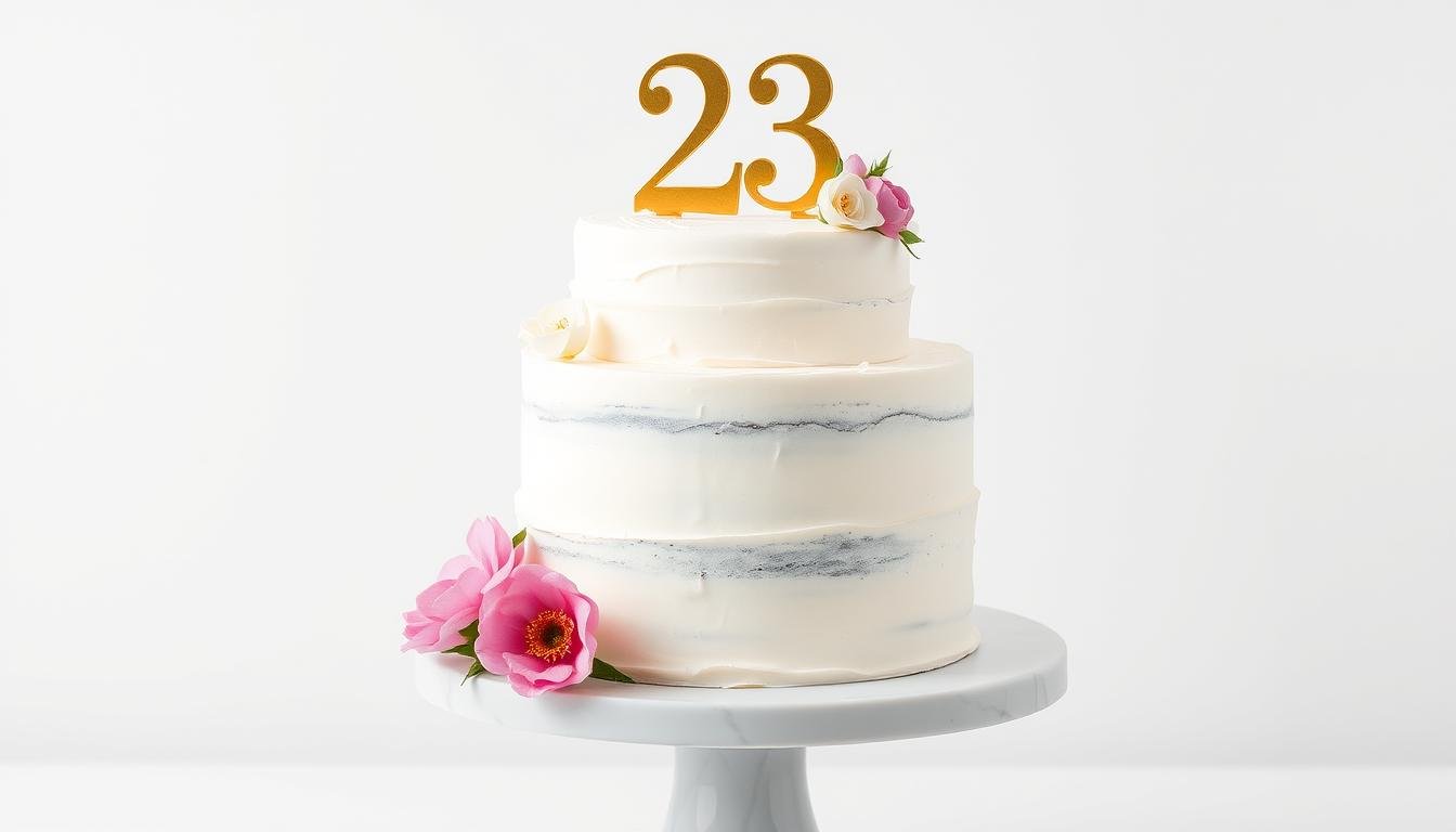 Elegant minimalist 23 birthday cake with gold accents and fresh flowers